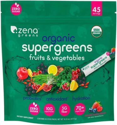 Zena Organic Super Greens Powder, 70+ Superfoods, 45 sticks