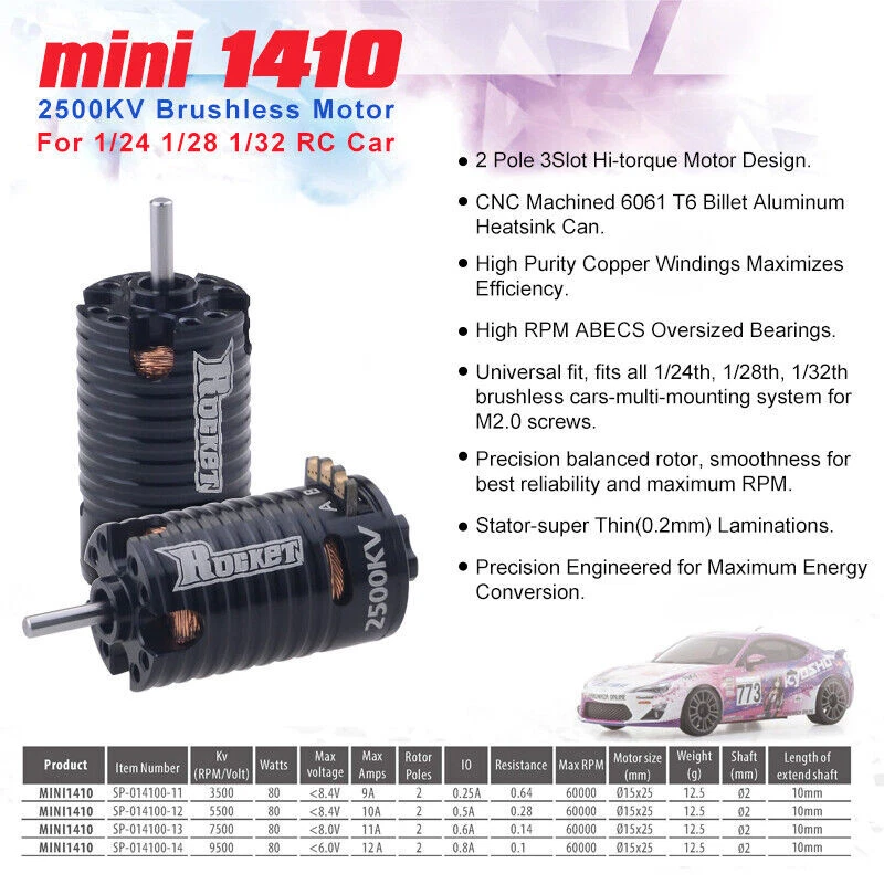 Rocket MINI 1410 3500KV 5500KV 7500KV Brushless Motor for 1/24 1/28 1/32 RC Car - Image 2 of 4