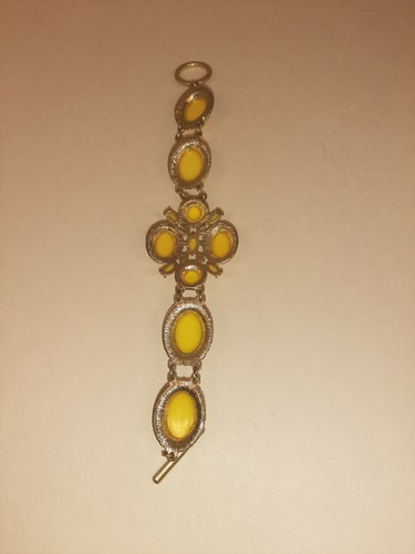 Gold Tone Bracelet Huge Yellow Beads Clear White Rhinestones Runway Statement - Picture 6 of 21