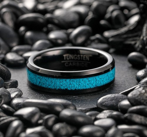 Unisex Turquoise Ring, Ring, 6mm Black, Tungsten Carbide Ring, Wedding, - Picture 6 of 6