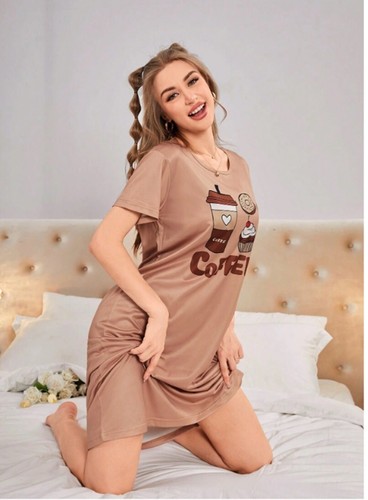 Robe De Sommeil Femme beige à Motif De Café Taille L - Picture 2 of 10