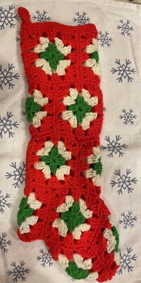 Vtg Handmade Full Size Granny Square Crochet Christmas Stocking Red Green White