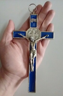 Catholic XL St Benedict Blue Enamel Wall Crucifix 7+''