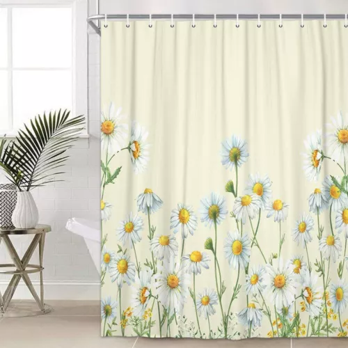 Cute Daisy Art Flower Shower Curtain Garden Waterproof With 12 Hooks Extra Long - Picture 3 of 20