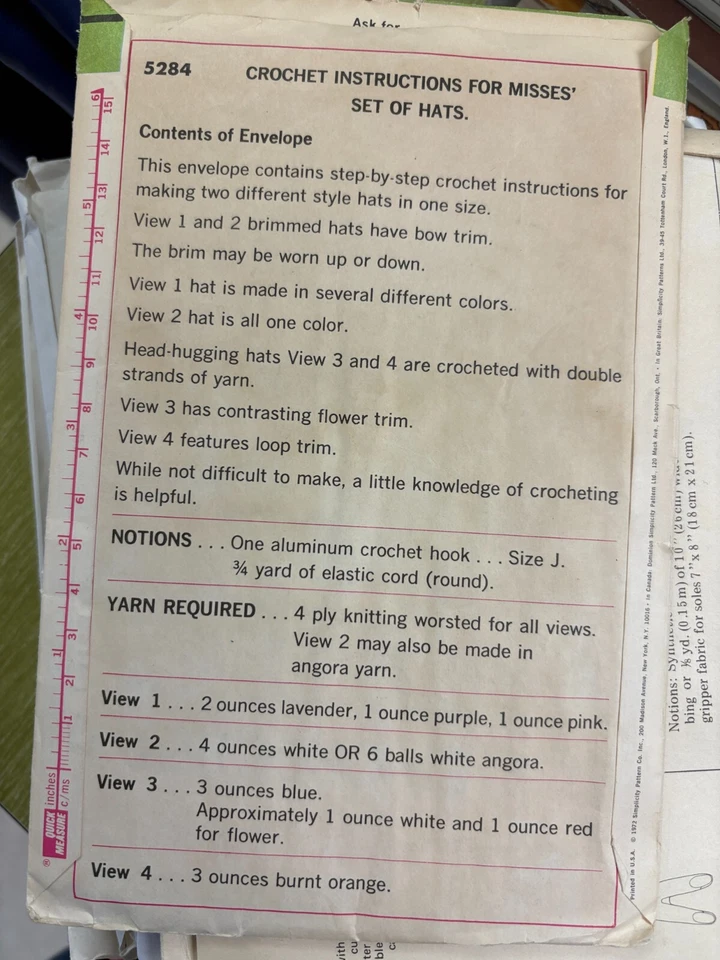 Simplicity 5284 CROCHET pattern, 4 Crochet Hats, Misses sizes,    UNCUT - Image 2 of 2