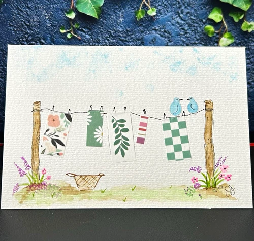 Handmade Signed Original Illustration Drawing, greeting card- Clothesline Plants