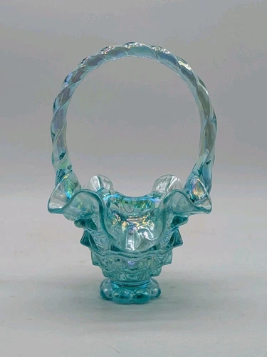 Fenton Art Glass Iridescent Translucent Aqua Blue Basket  6 1/2"