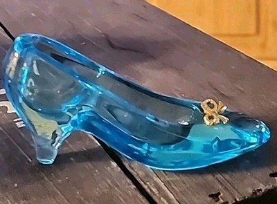 Crystal Cinderella Like Blue Glass Slipper Gold Bow With Crystals 4'' x 2-3/8''