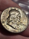 Beautiful TONER 1958 Franklin Half Dollar Fast Free Ship.!!  SILVER Black Spots.
