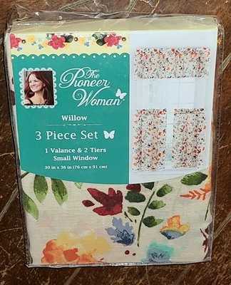 Pioneer Woman: WILLOW 3pc (1) Valance & (2) Tiers Set for Small Window 30'' x 36''