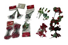 Christmas Medley Holly Picks /Double End Pip Berry Floral Stems Stamen Craft Lot