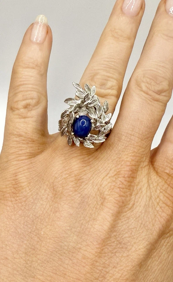 STUNNING 14k White Gold & Natural Blue Star Sapphire Tree Branch Leaf Ring Sz 6 - Image 4 of 4