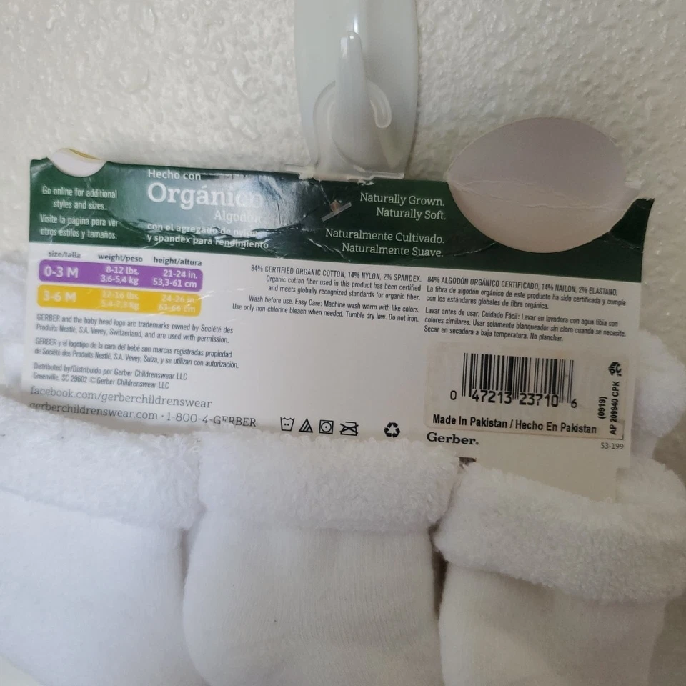 Gerber Baby White Socks Boys & Girls Plush 6 Pack Size 3-6 Months Organic Cotton - Image 4 of 4