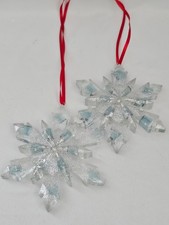 New Handmade Resin 4" Clear with Blue Glass Snowflakes Set of 2 Ornaments