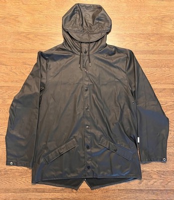 Rains Waterproof Hooded Rain Jacket - Black - 12010 Button Up - Medium Large