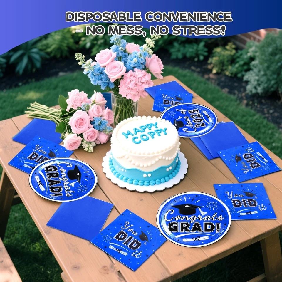 Platos y servilletas de graduación 2025 - 200 piezas decoraciones azules de fiesta de graduación... Foto 4 de 4