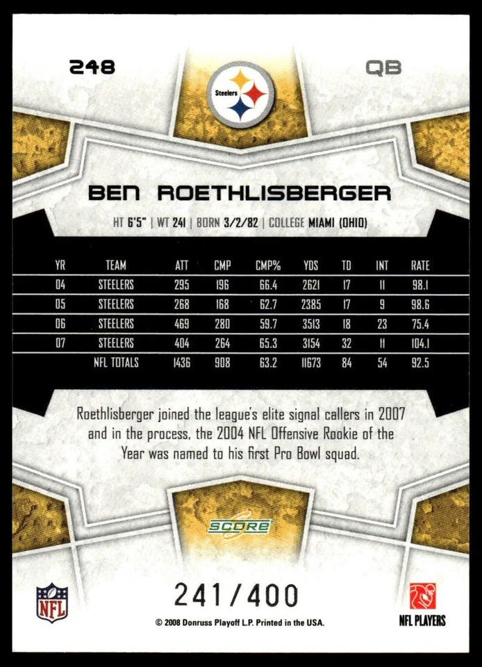 2008 Score #248 Ben Roethlisberger Gold Zone #/400 - Image 2 of 2