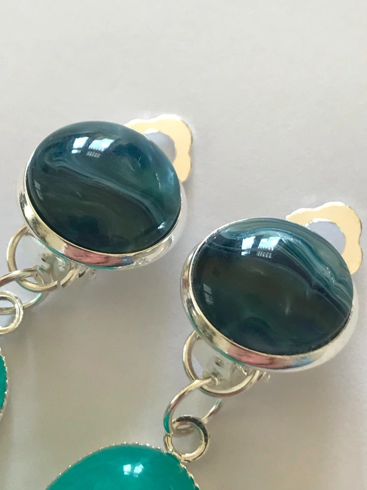 Ohrclips / ovaler Cabochon Jade Türkis 13x18 / Cabochon Harz Achat Muster / 3 cm - Bild 2 von 3