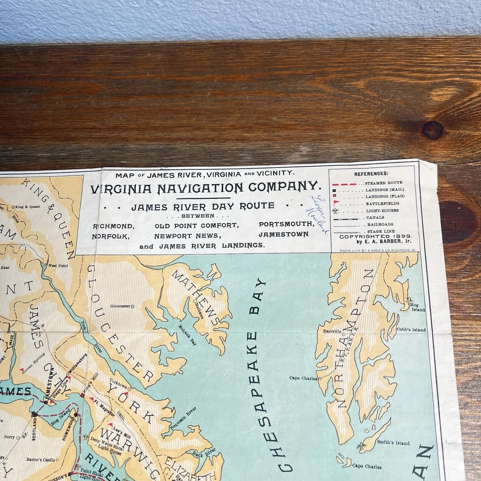 RARO Antiguo 1899 MAPA DE JAMES RIVER, VIRGINIA Pocahontas Steamboat Tours Mapa Foto 2 de 4
