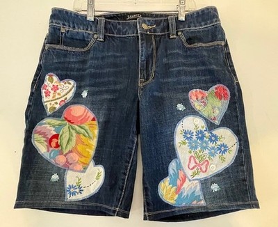 Jean Shorts, Upcycled Applique Floral Hearts , Embroidery, Talbots sz 8