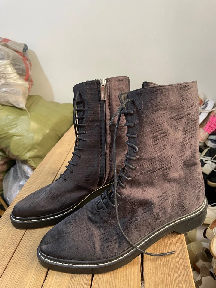 The Row Fara combat boots in a distressed black silk blend material size 38 EU - Image 2 of 4