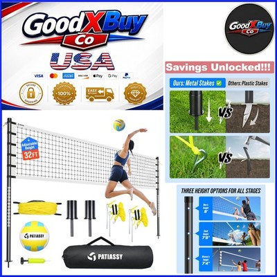 OUTDOOR Volleyball Net Set 32FT Regulation Size Adjustable Poles Portable