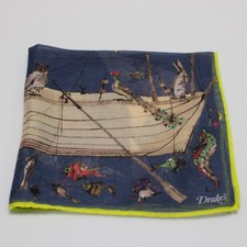 Drake's NWOT Cotton Blend Pocket Square In Blue Boat Animals Graphic Print