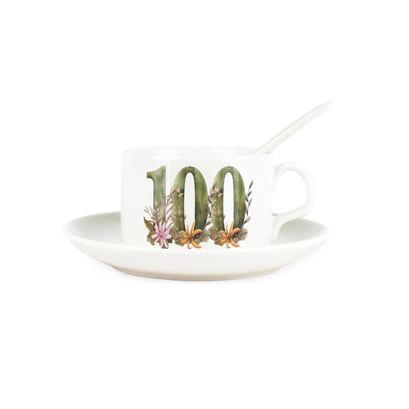 Floral Age 100 Cup & Saucer Set with Spoon - Porcelain 100th Birthday Gifts