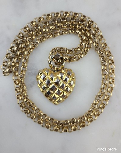 Vintage 1980's Antiqued Gold Metal Large Heart Pendant on Rolo Chain 36" - Picture 8 of 10