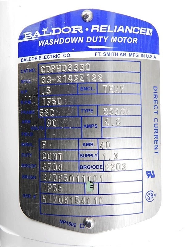 NEW Baldor Reliance CDPHD3330 Washdown Duty Motor .5 HP 1750 RPM 3-2142Z122 - Image 4 of 4