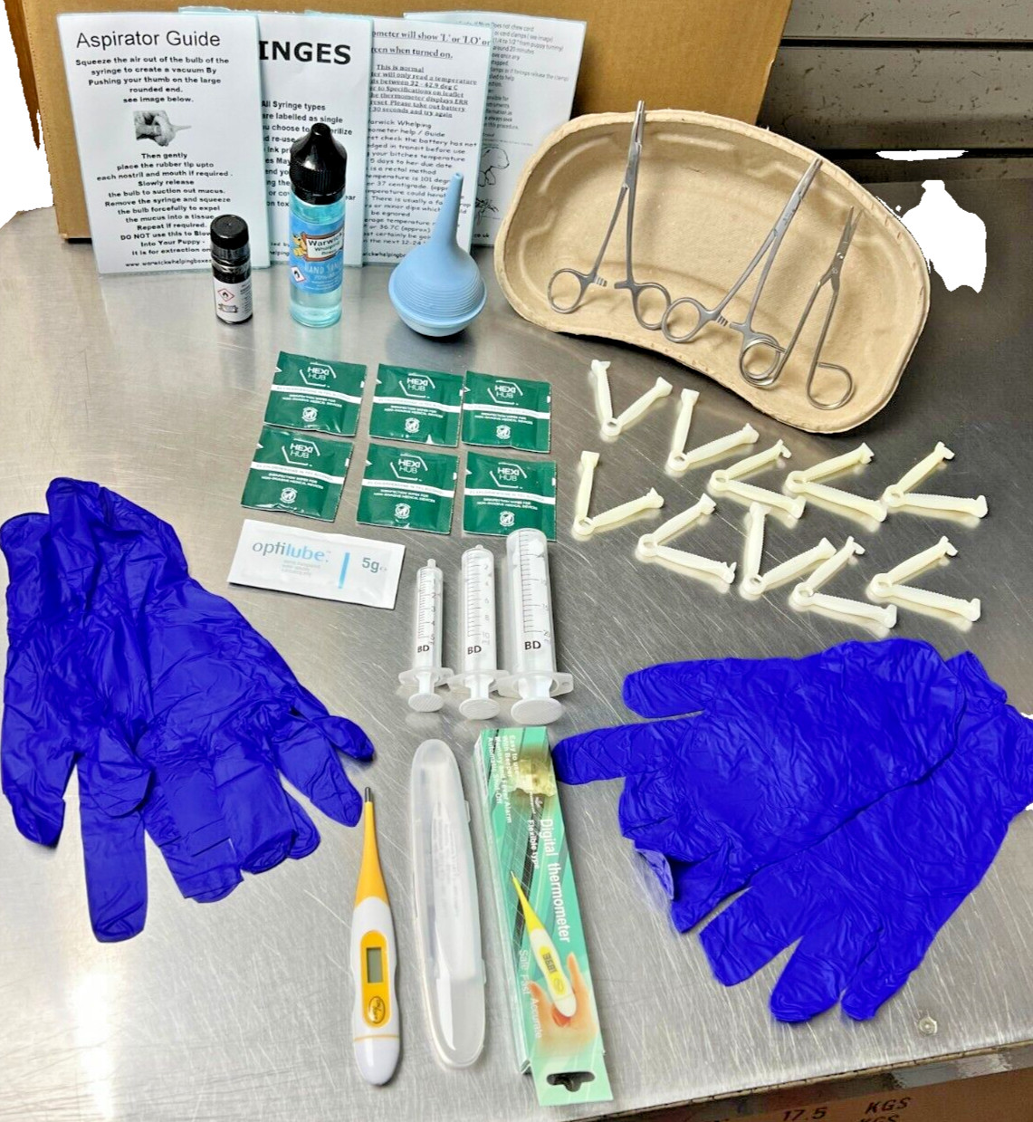 35 piece Puppy Whelping Kit Thermometer 2 x Forcep 10 x Cord Clamps Mucus Iodine