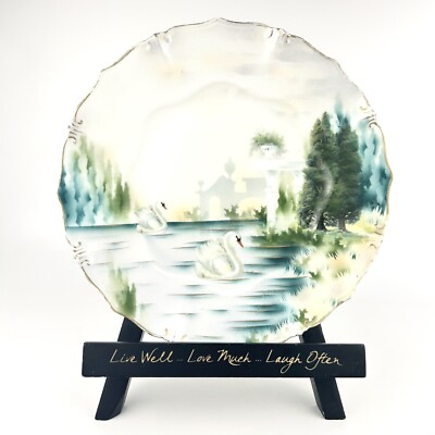 RS Prussia Satin Plate Swans Lake Shadow Gazebo Gold Collectors Quality Stunning