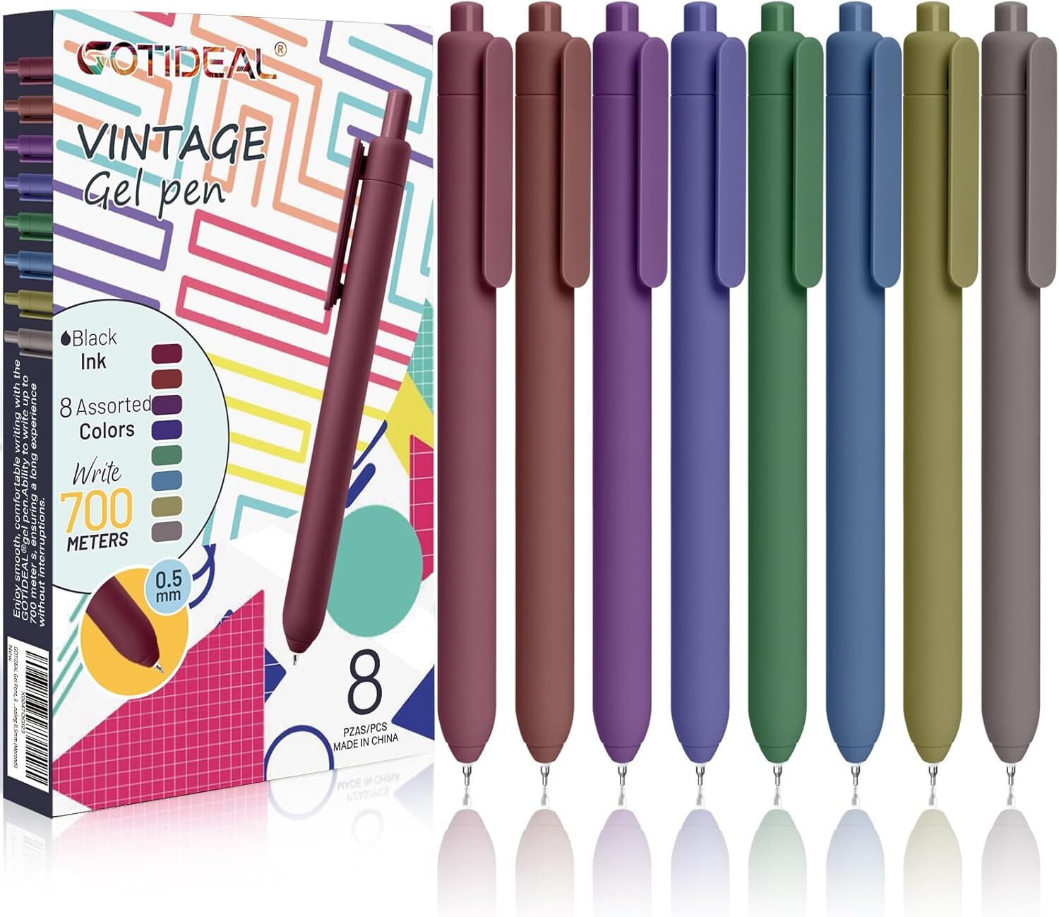 GOTIDEAL Gel Pens, 8 Pcs 0.5mm Quick Dry Black 1 Count (Pack of 8), Vintage