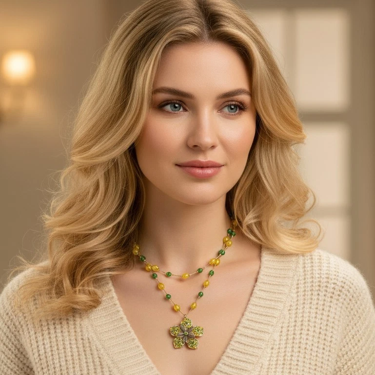 Collar Liz Claiborne Doble Hilo Flor Cuentas Estrás Verde LC Foto 2 de 4