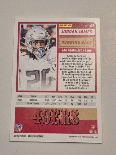 2025 Score Jordan James RC Base #47 San Francisco 49ers Rookie - Picture 2 of 2