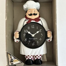 Fat Chef Wall Clock Bon Appetit Novelty Battery Operated Analog Hand Painted