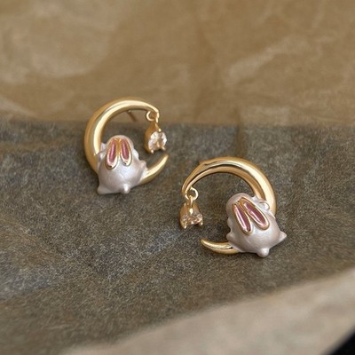 14ct Gold Plated Easter Bunny Moon Earrings CZ Cute Rabbit Dangle S925 Posts