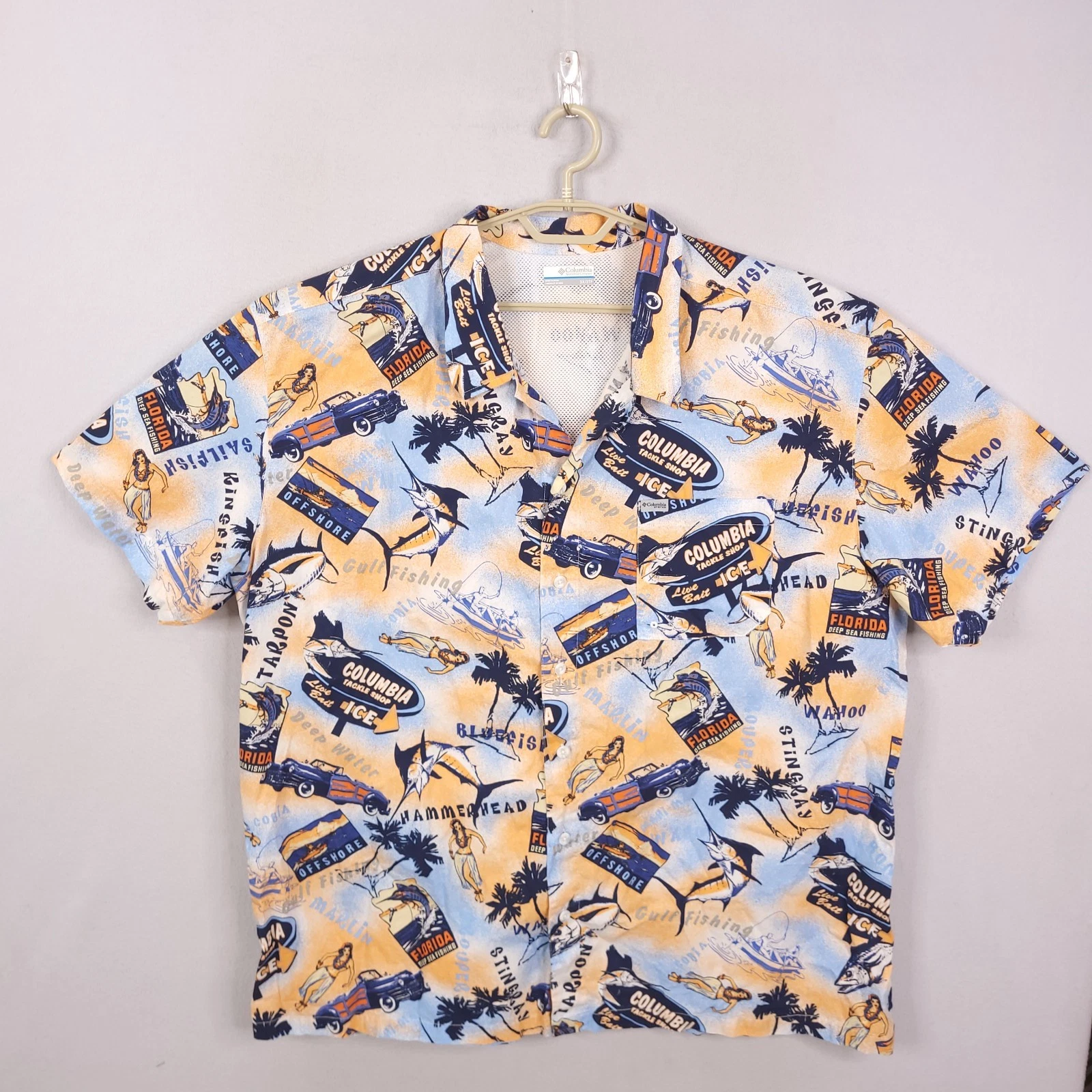 Columbia PFG Deep Sea Fishing Shirt Hula Girl Palm Trees Florida Print 3X Vented