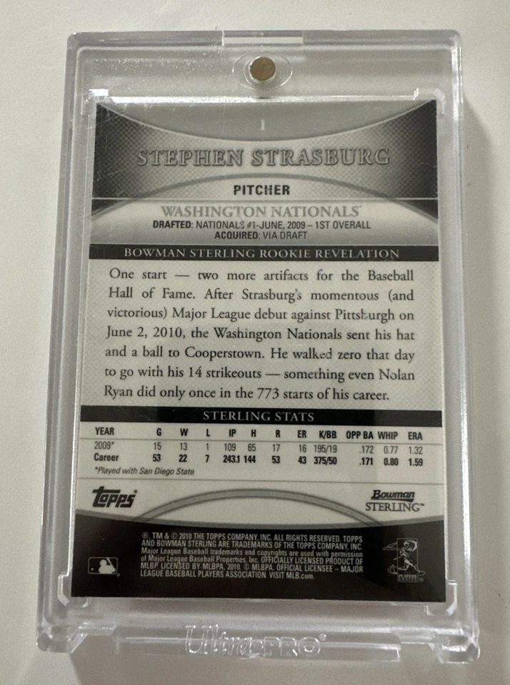 Autógrafo de novato certificado Stephen Strasburg 2010 Bowman Sterling Topps Foto 2 de 3