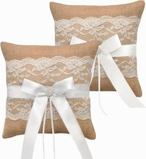 Set of 2 Wedding Ring Bearer Pillow Rustic Lace Burlap Backup Ties Ceremony Ring
