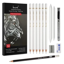 White Charcoal Pencils Set - 12 Piece Sketch Highlight White Pencils Set for ...