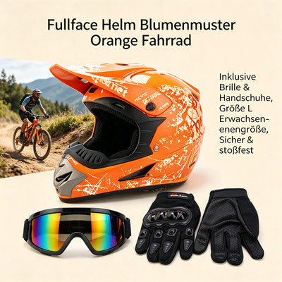 Fahrradhelm Fullface MTB Größe L Orange Blumen mit Brille und Handschuhe