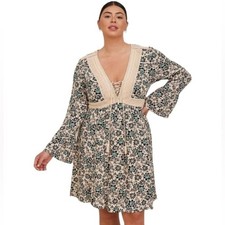 Torrid Mini Gauze Floral Lace-Up Skater Dress Bell Sleeve Size 2X
