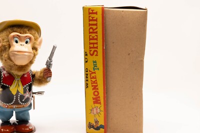 Vintage Tin Litho Monkey THe Sheriff Wind UP Toy W Box Rare Vintage Tin Litho Monkey THe Sheriff Wind UP Toy W Box Rare