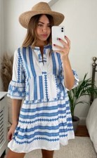 Boho Geo Print dress Greek Sze 8-12 blue hippie tribal ruffle hem holiday puff