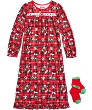 Disney Girl's Minnie Red Flannel Holiday Flannel Nightgown with Socks, Size 4