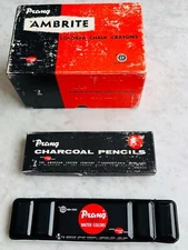 Unused 50s Lot PRANG Watercolor Pallet AMBRITE 2# COLORED CHALK Charcoal Pencils