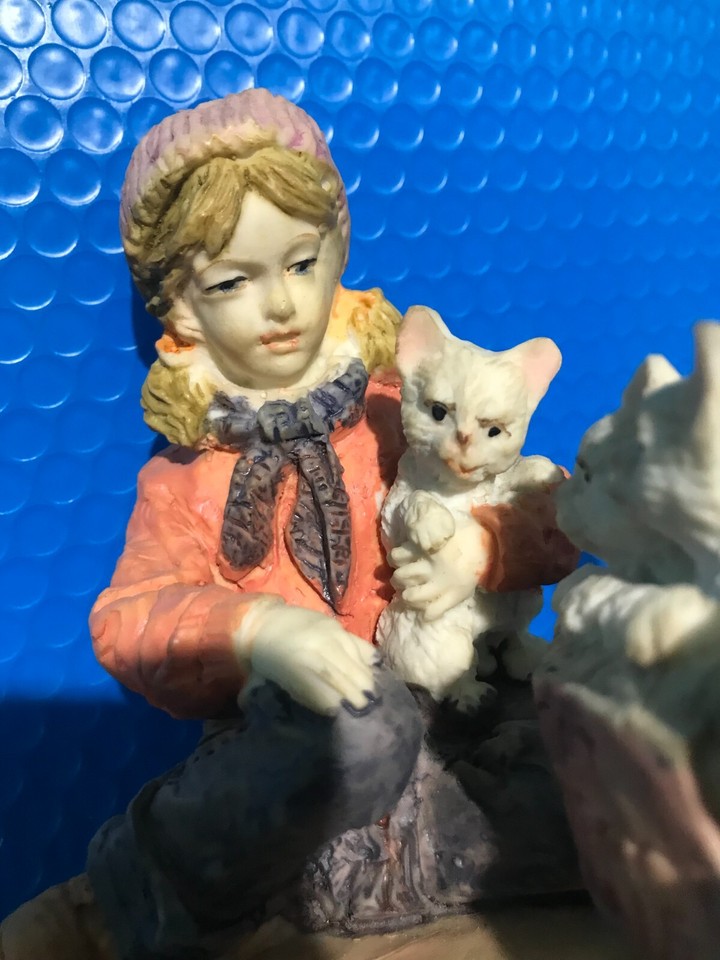 RESIN WITH WOOD BASE GIRL WITH 3 CATS FOR SALE COLLECTABLE TABLE