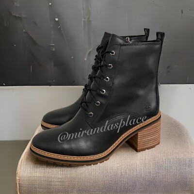 NIB Timberland Sienna WP Side Zip Black Full Grain Leather Women Boots Size 9.5M