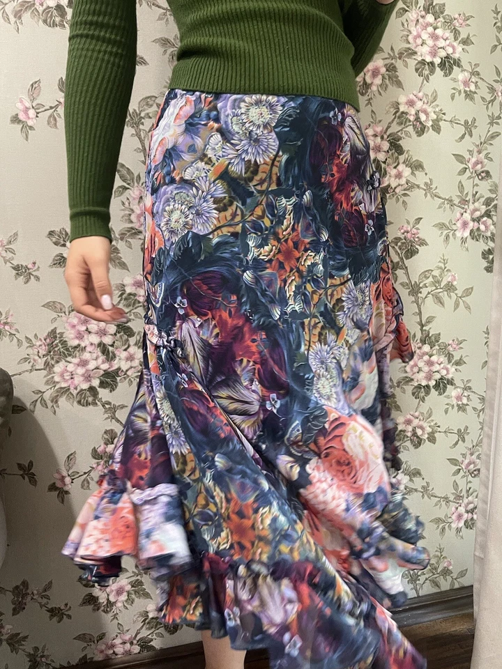 Kenzo Jeans Vintage Roses Asymmetric Avant Garde Y2K Chiffon Jungle Skirt Sz 36 - Image 2 of 4